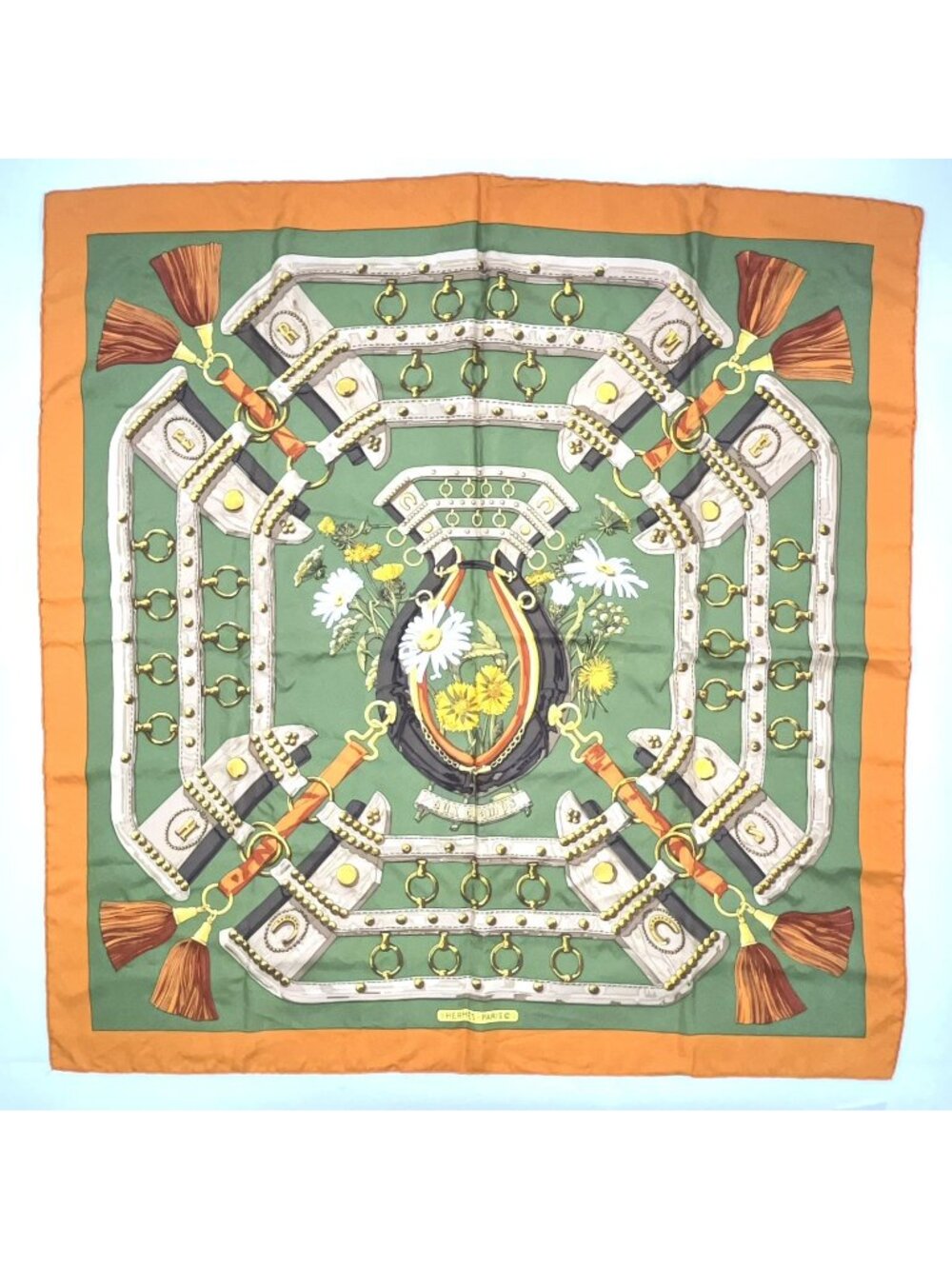 Hermes Carre 90 Aux Champs Silk Orange Green Beige Scarf